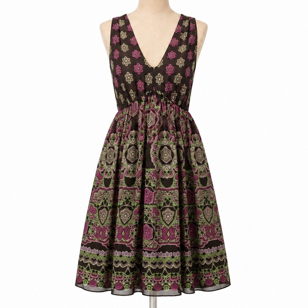 Vintage Y2K 100% Silk Floral Babydoll Dress Size 2 Brown Halter Hoco Indie Boho